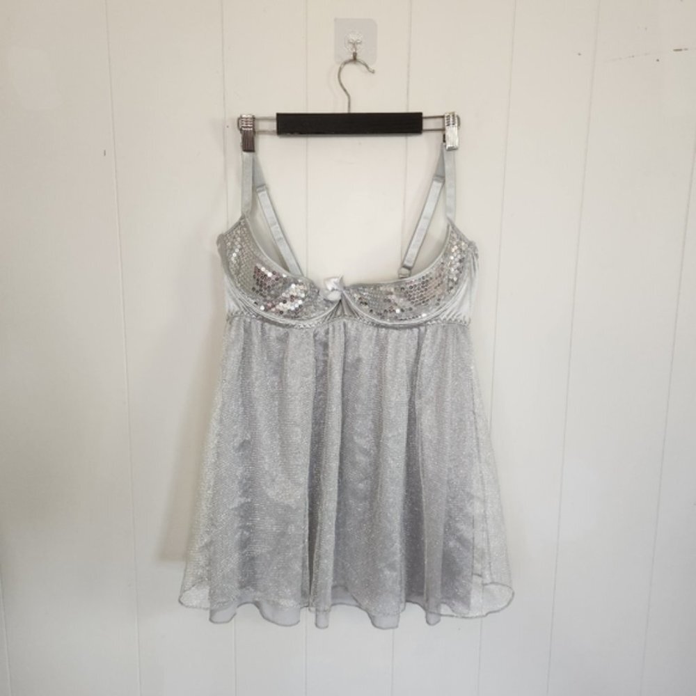 Dreamgirl Silver Sequins Half Cup Bra Chemise Plus Size 1X 2X Sexy Lingerie